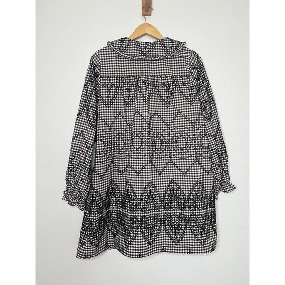Anthropologie Pilcro Keira Long Sleeve Shirt Dress Brown Gingham Black Embroider - Picture 9 of 9